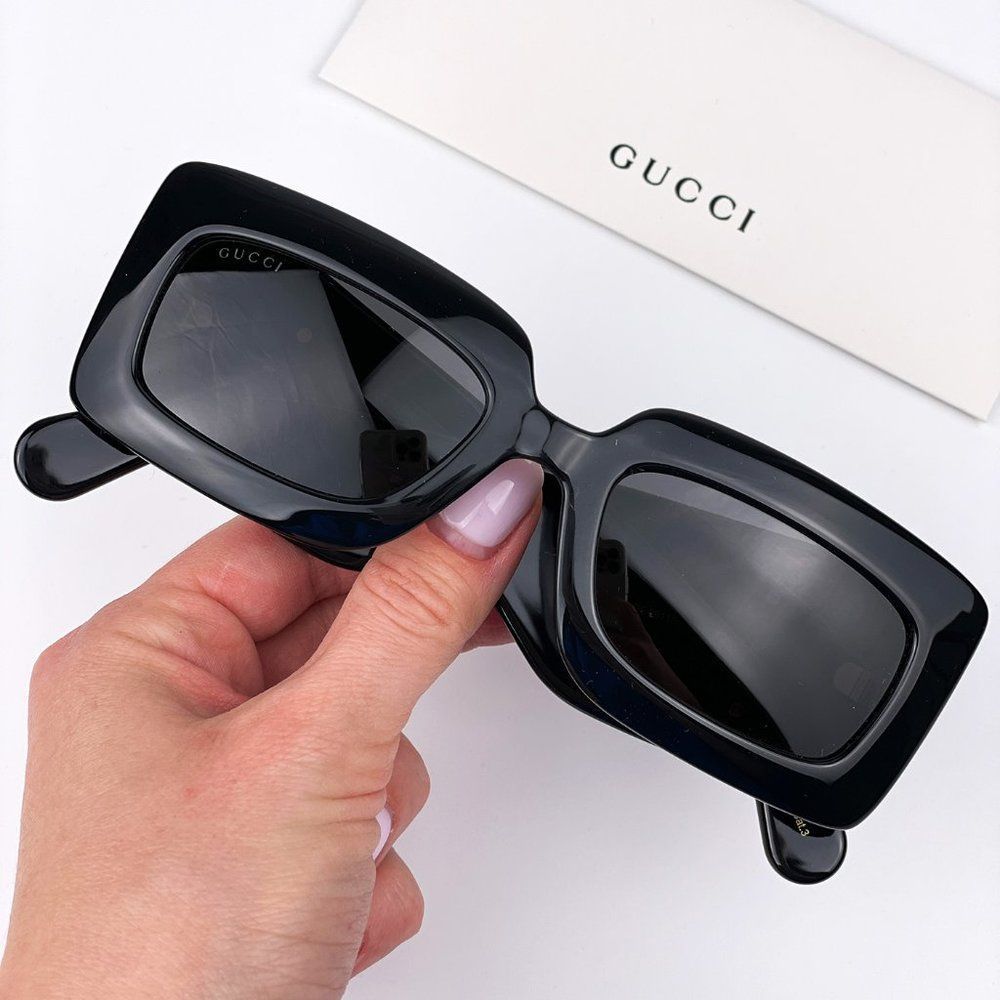 Gucci GG0811S 001 Sunglasses Black Logo Gray Rectangle Unisex